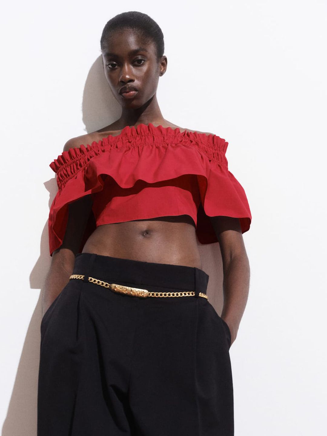 Off-Shoulder Ruffles Cotton Bardot Crop Top