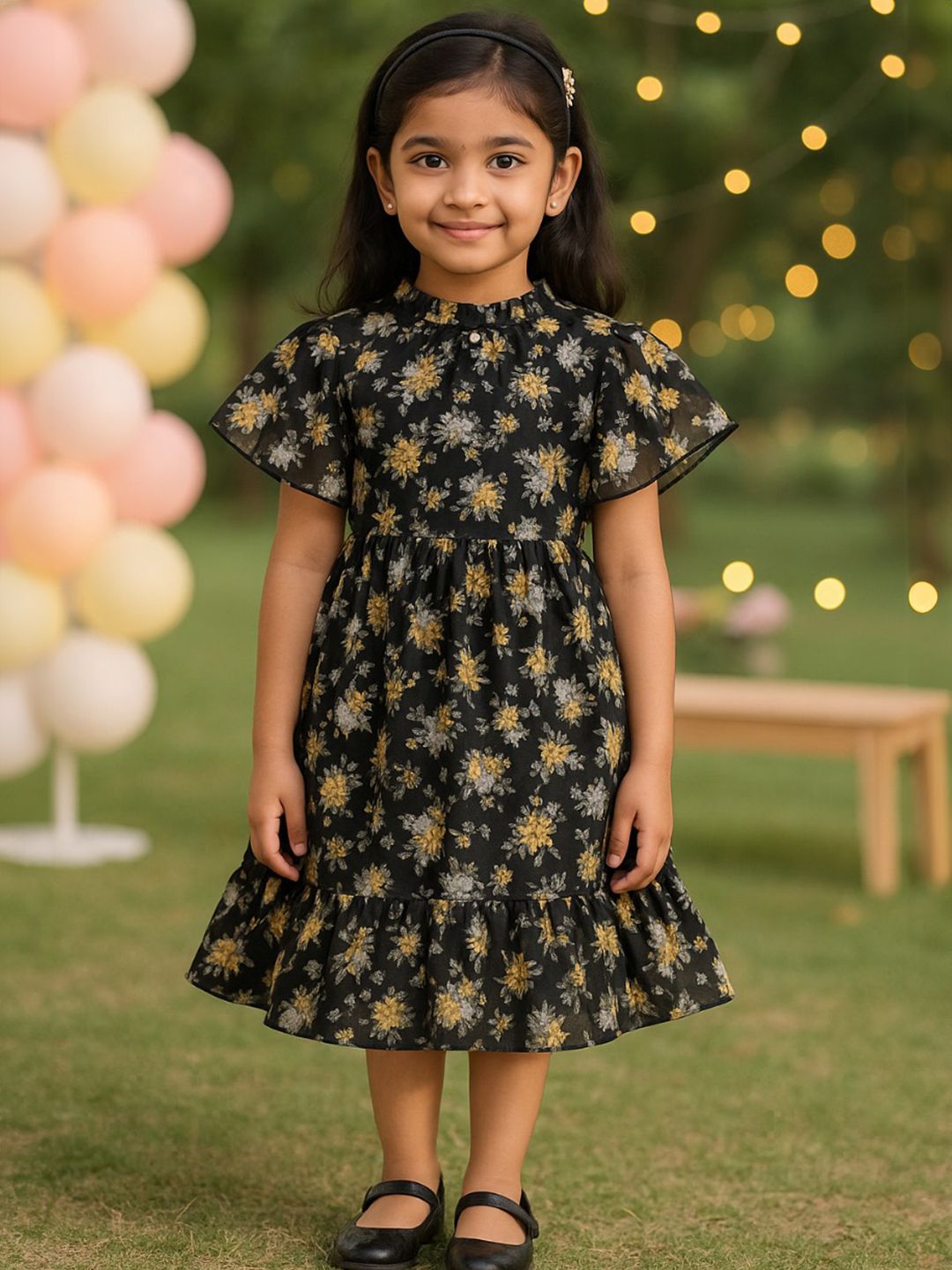 Girls Floral Print Flutter Sleeve Fit and Flare Frock Dress