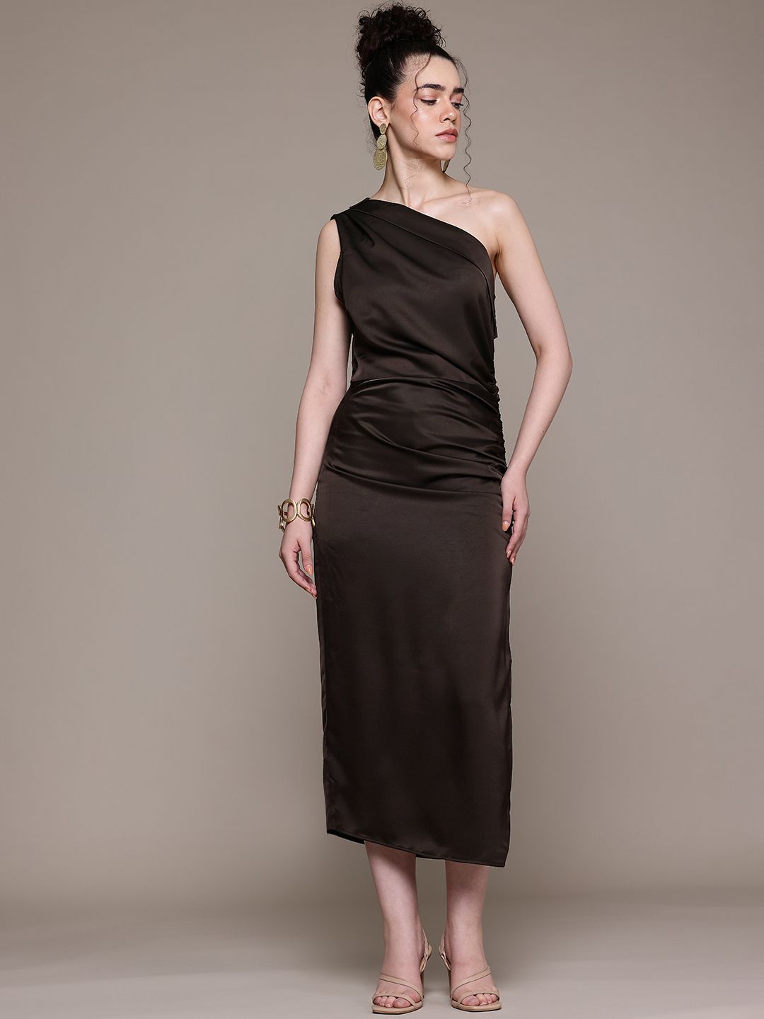 One Shoulder Satin Midi Dress