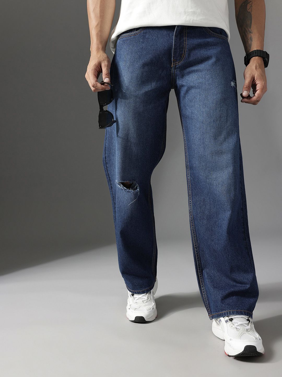 FCUK Men Smart Mid-Rise Low Distress Light Fade Baggy Pure Cotton Jeans