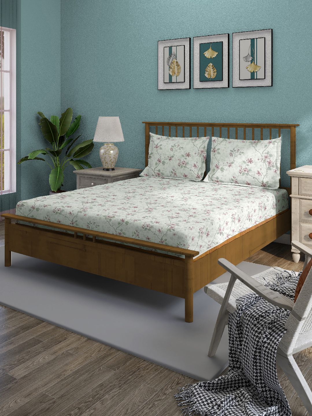 SWAYAM SWAYAM White & Grey Floral Printed Cotton 240 TC Fitted King Bedsheet Set-1.98 m x 1.82 m