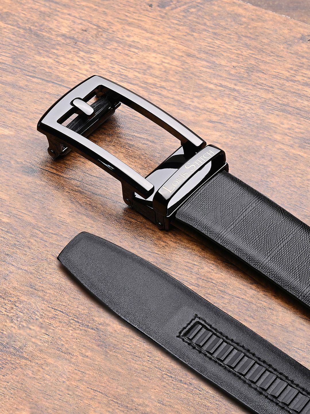 LOUIS STITCH Premium VT Leather Gunmetal Black Buckle Auto Lock Belt