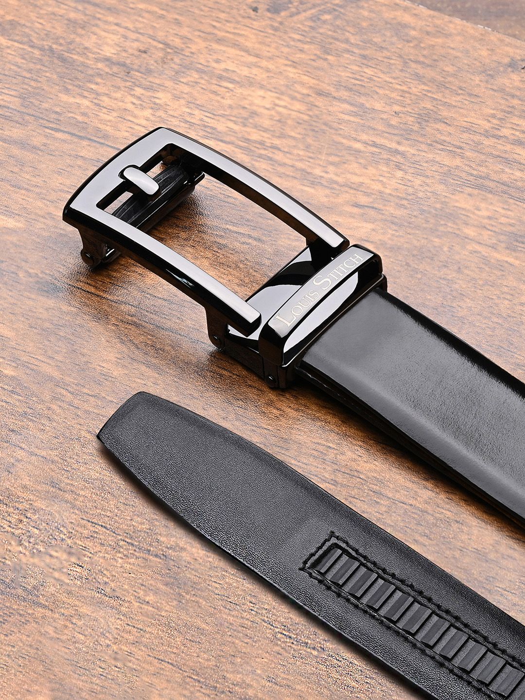 LOUIS STITCH Premium VT Leather Gunmetal Black Buckle Auto Lock Belt