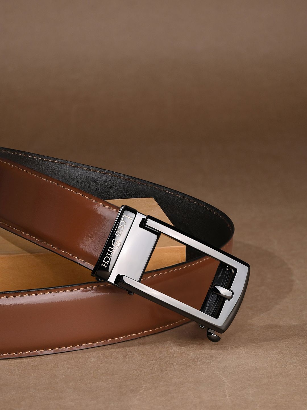 LOUIS STITCH Premium VT Leather Gunmetal Black Buckle Auto Lock Belt