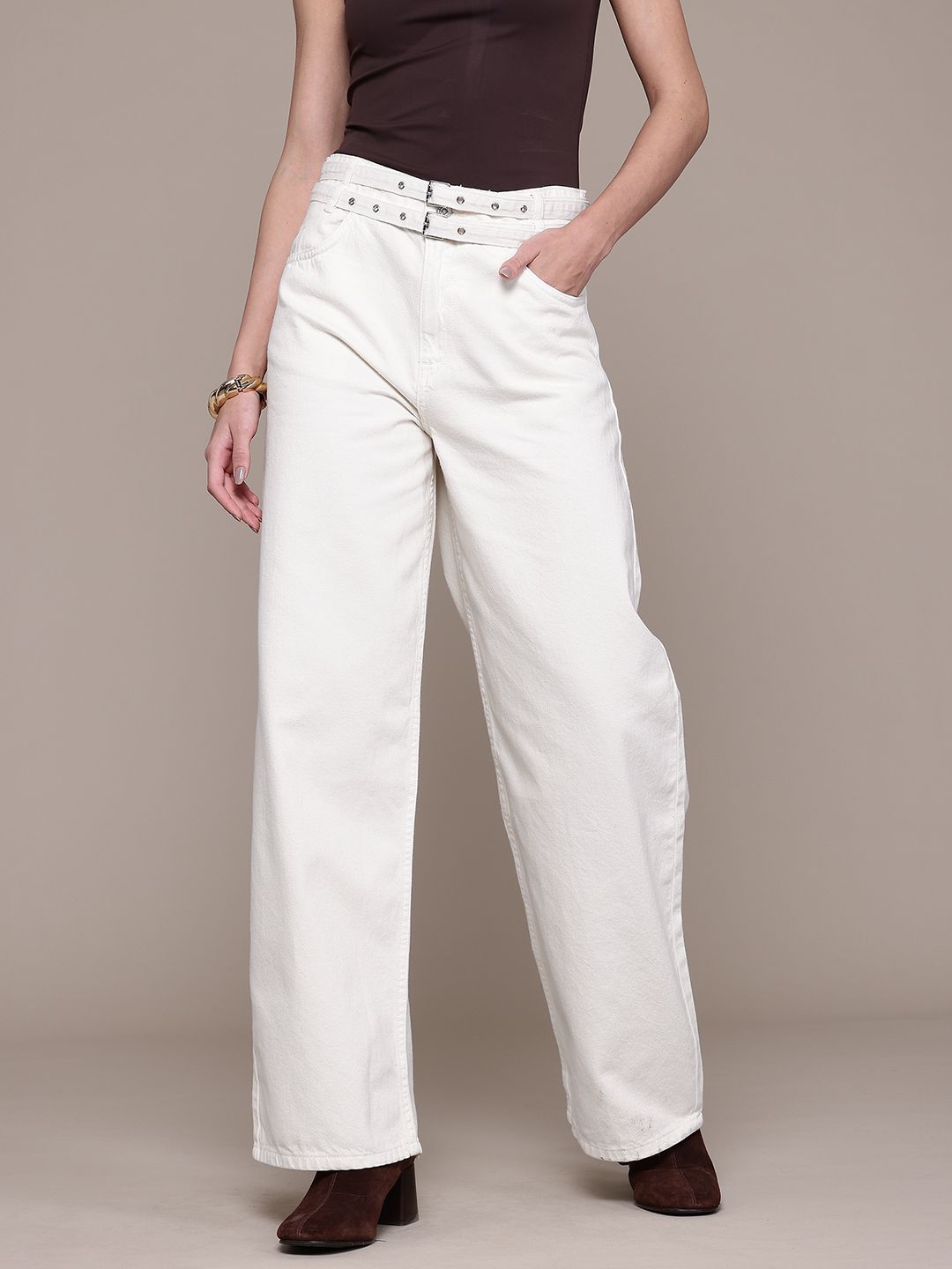 Mid-Rise Pure Cotton Balloon Fit Jeans with Belts