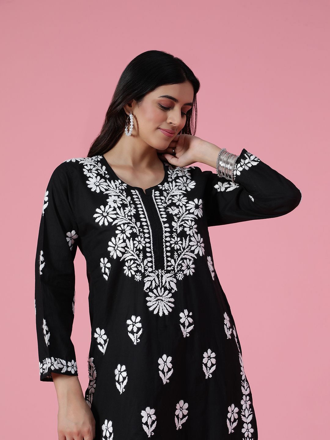Women Chikankari Kurta House of Chikankari Women Black Cotton Chikankari Embroidered Kurta