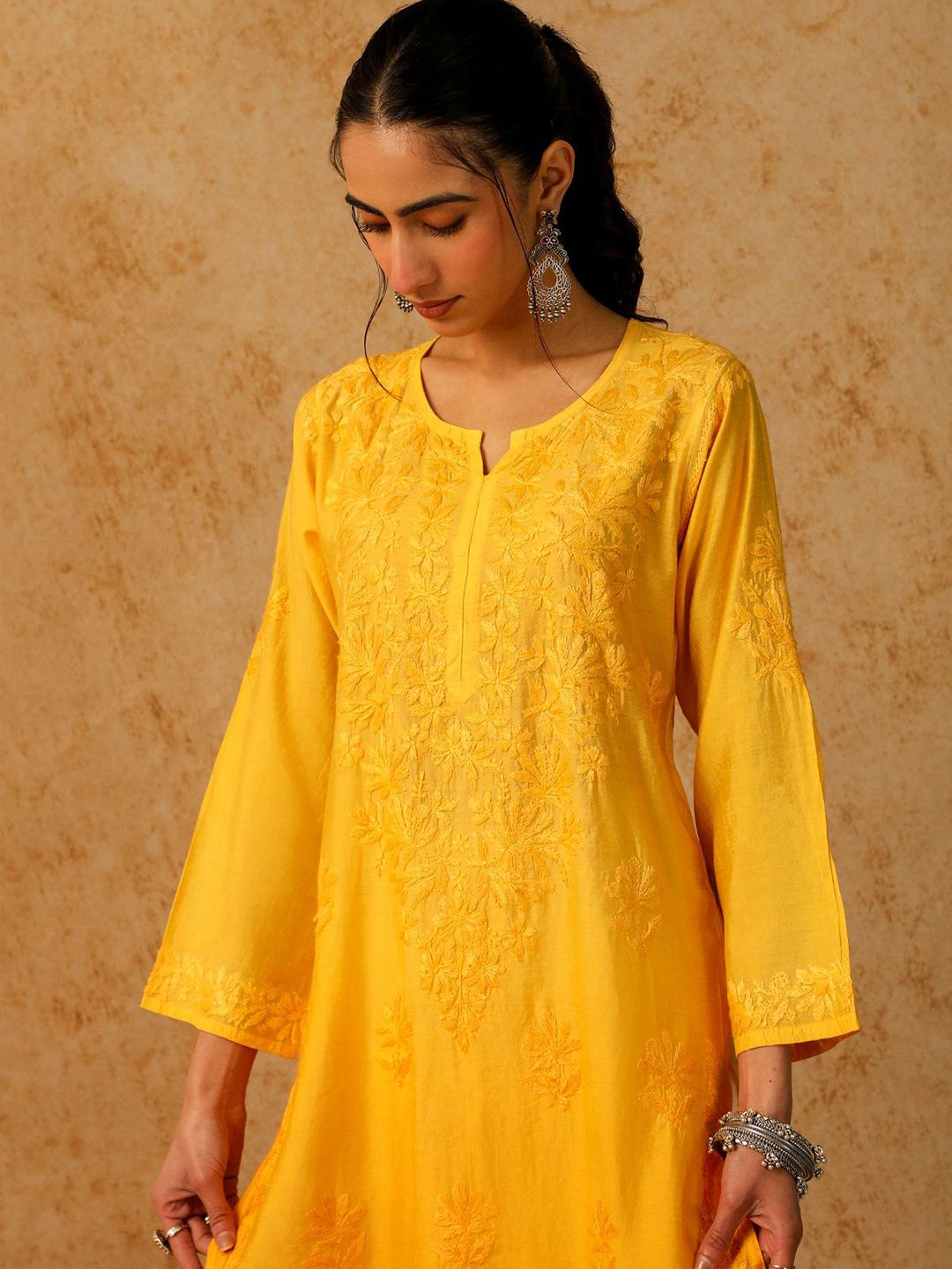 Women Straight Kurta House of Chikankari Women Yellow Chanderi Chikankari Embroidered Kurta