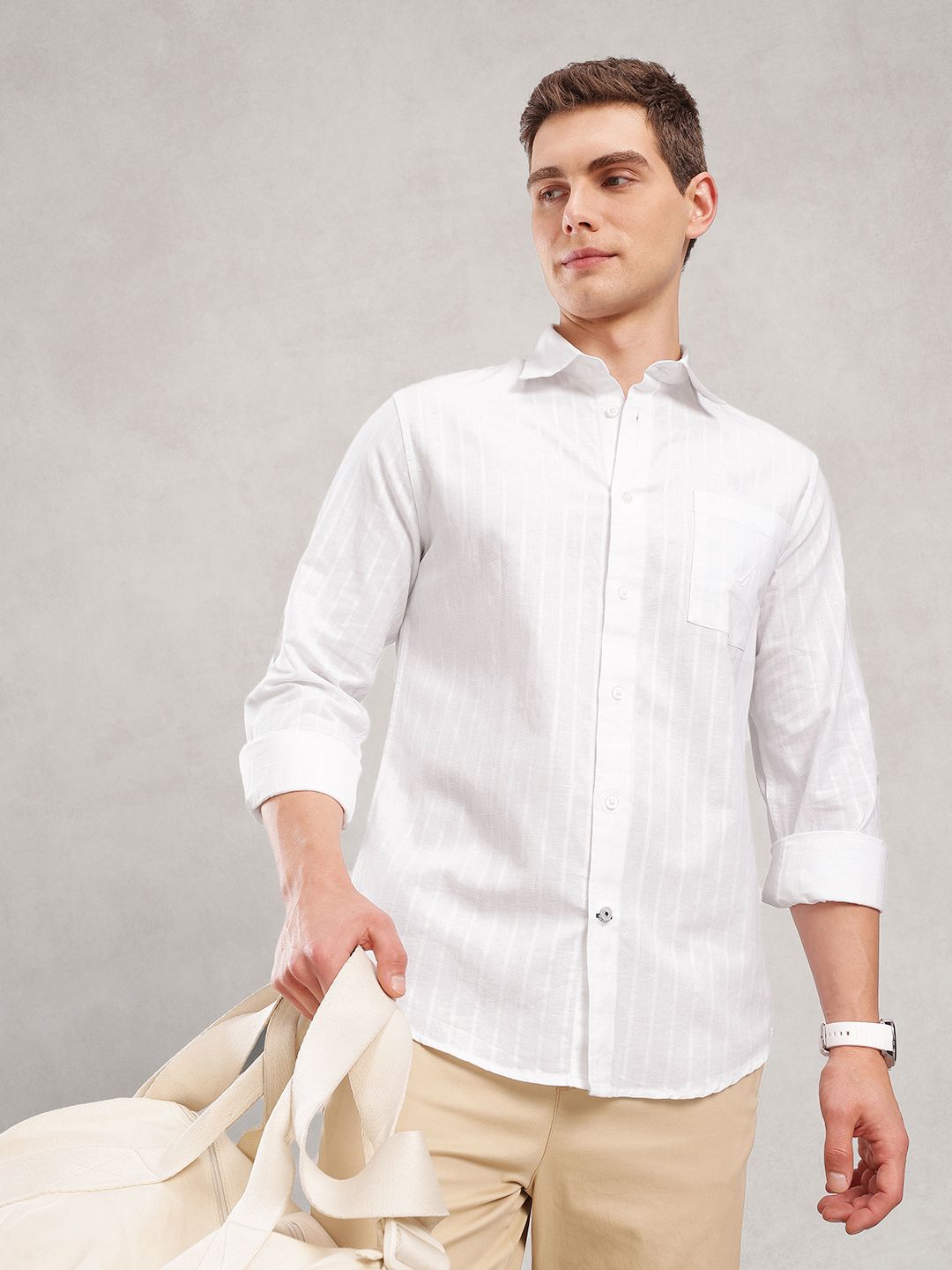Nautica Men Premium Slim Fit Striped Cotton Linen Casual Shirt
