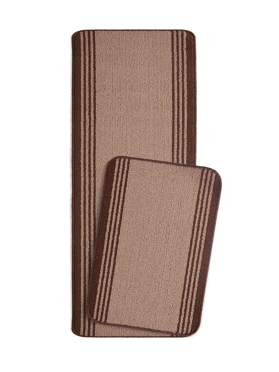 Saral Home 2-Pcs Beige & Brown Striped Anti-Skid Floor Runner&Doormat