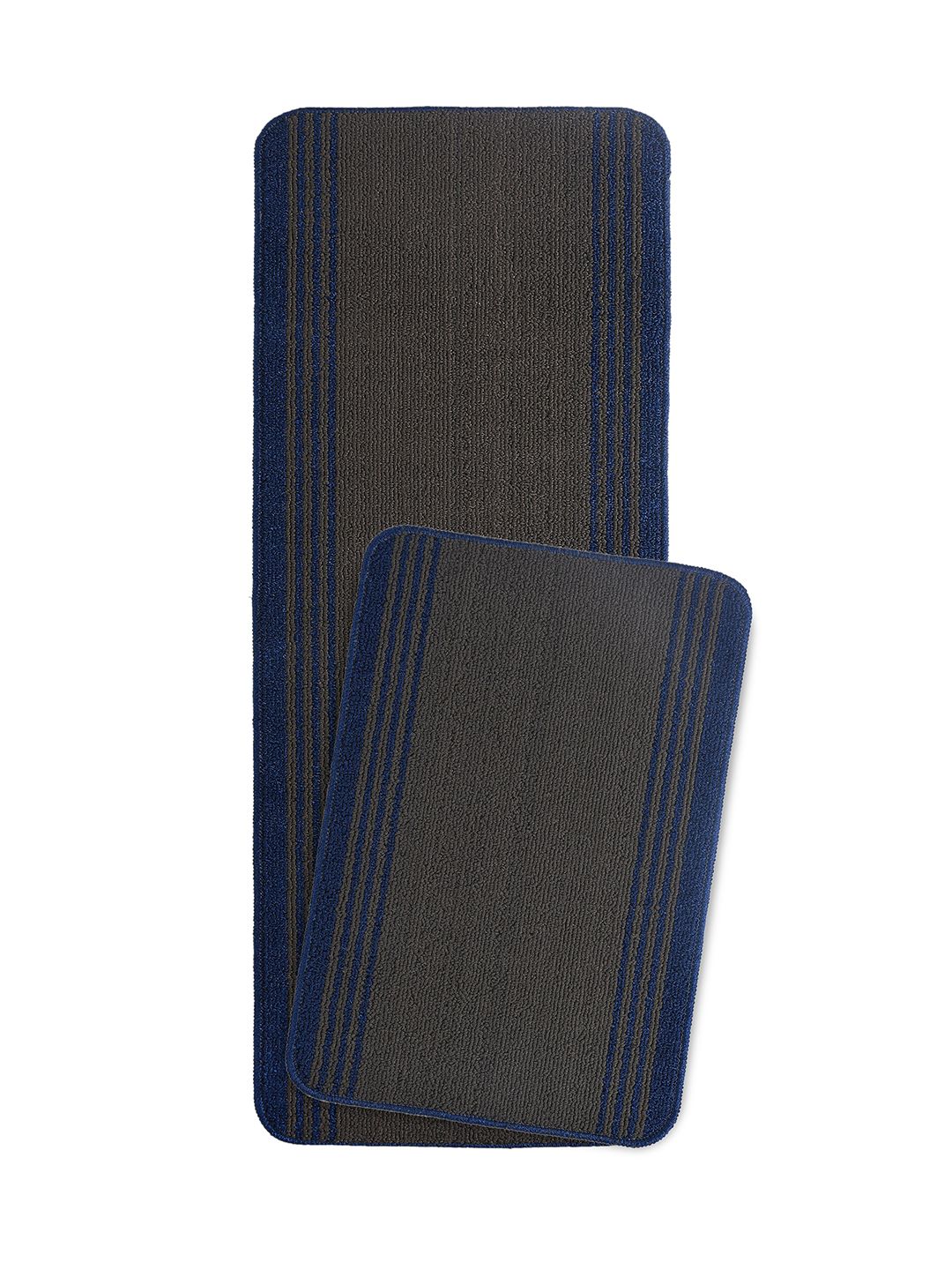 Saral Home 2-Pcs Grey & Blue Striped Anti-Skid Floor Runner&Doormat