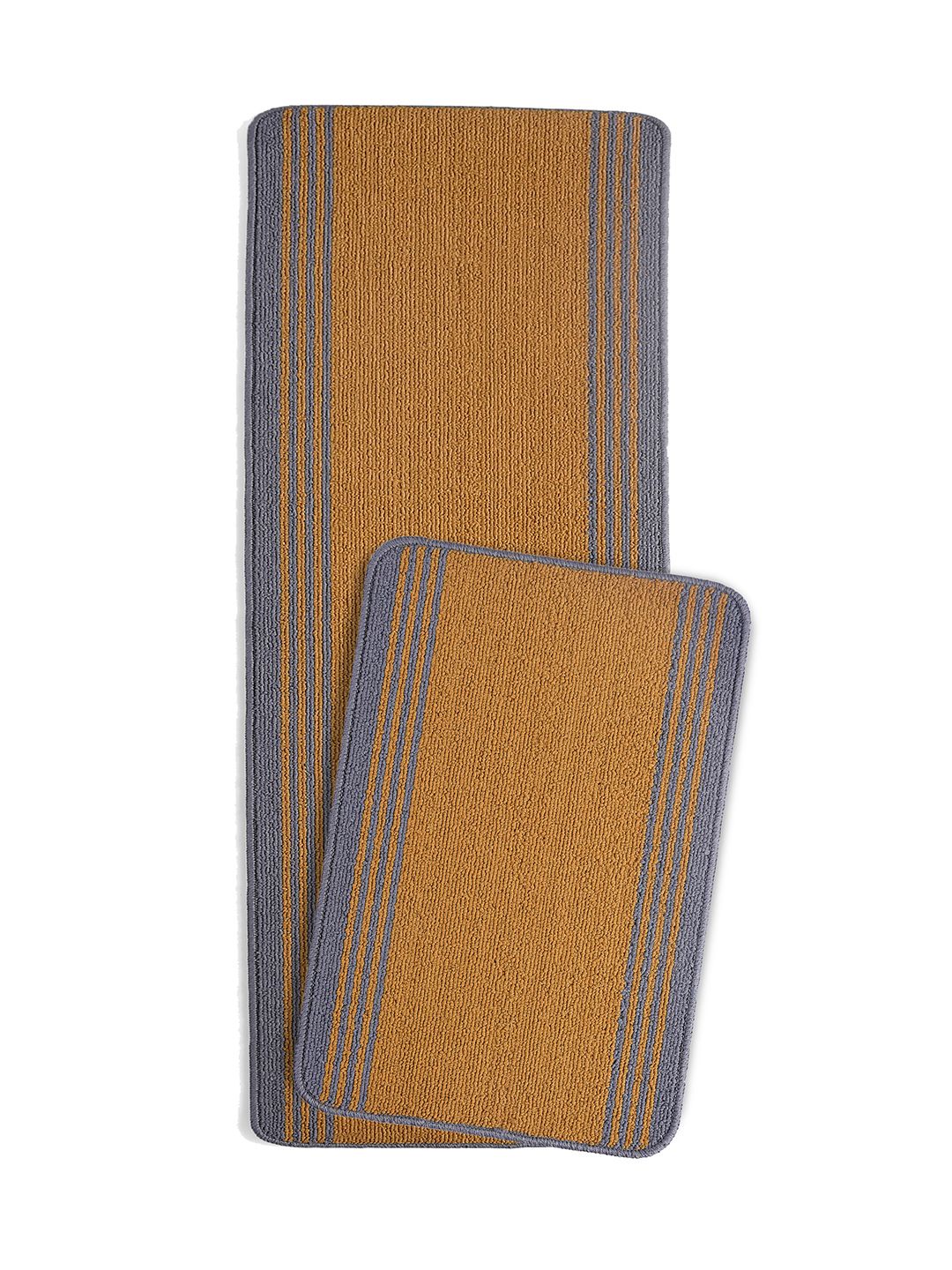 Saral Home 2-Pcs Yellow & Grey Striped Anti-Skid Floor Runner&Doormat