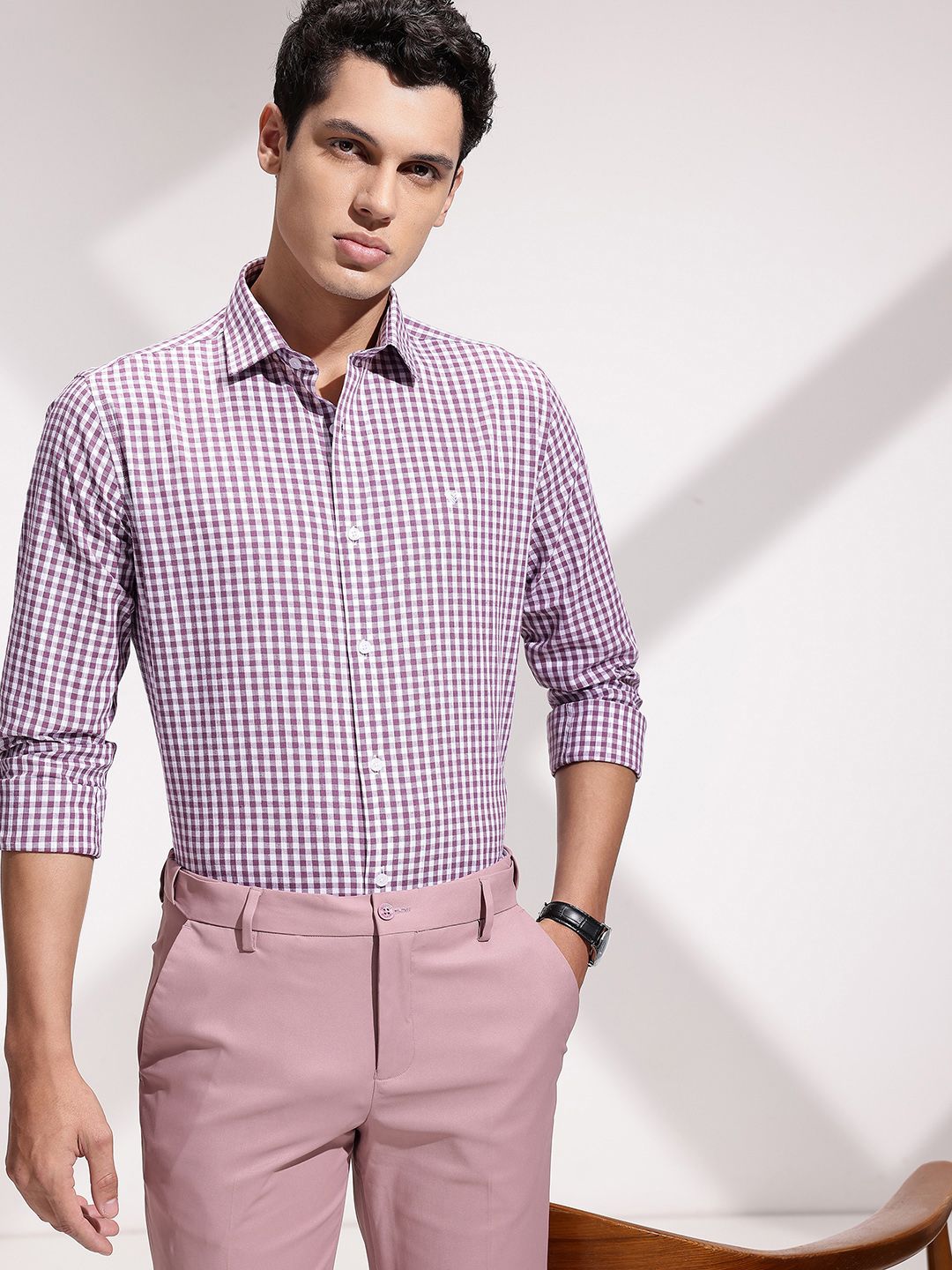 INVICTUS Men Premium Slim Fit Gingham Checked Cotton Linen Formal Shirt