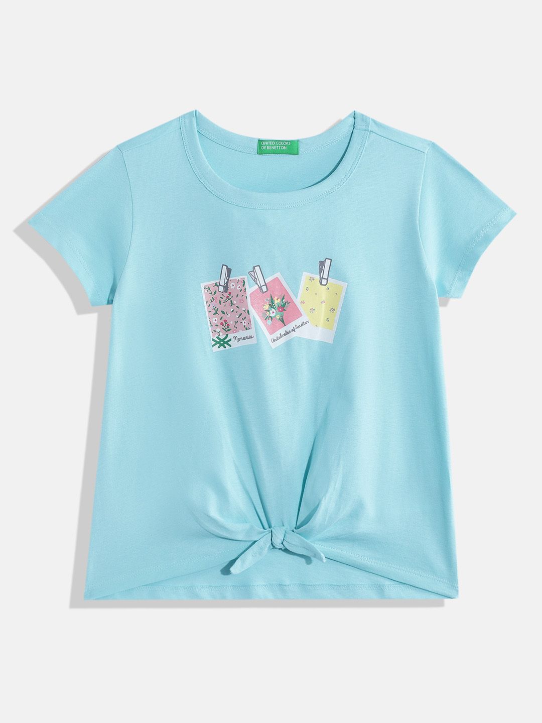 United Colors of Benetton Girls Floral Print Pure Cotton Top with Bow Detail