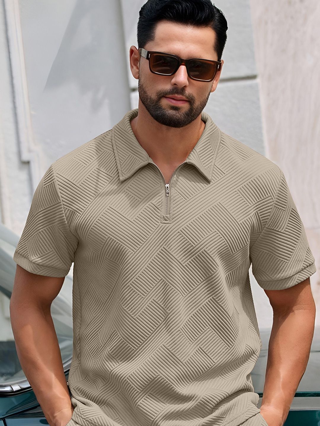 KAJARU Self Design Polo Collar Short Sleeves Regular Fit Casual T-Shirt
