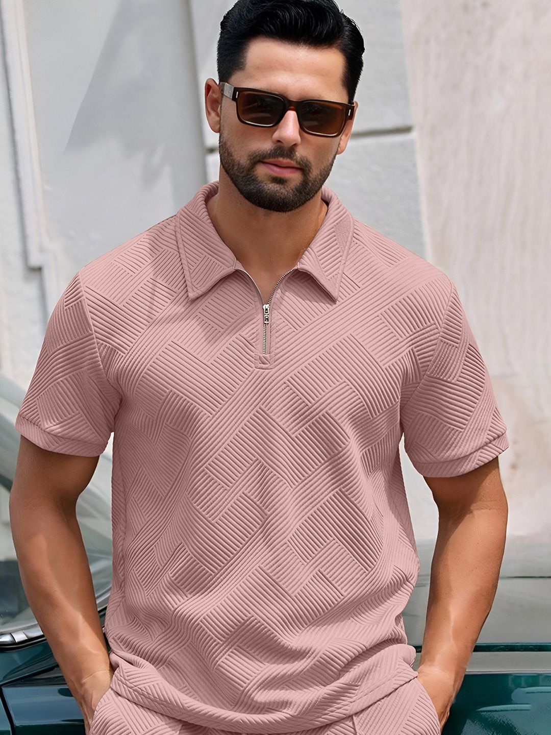 KAJARU Self Design Polo Collar Short Sleeves Regular Fit Casual T-Shirt