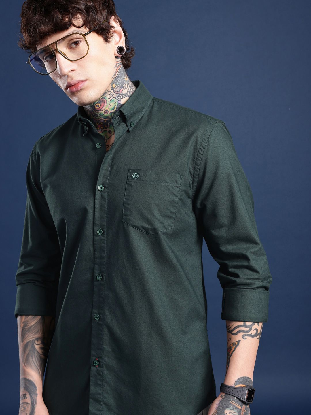 BS BLUE SQUAD Solid Slim Fit Oxford Cotton Shirt