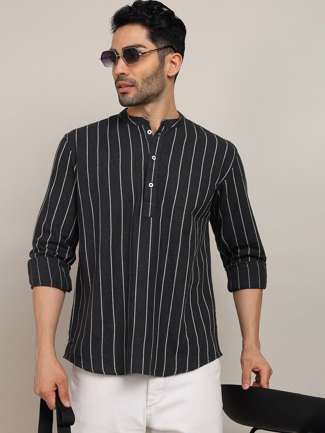 HERE&NOW Men Striped Daily Cotton Straight Short Kurta