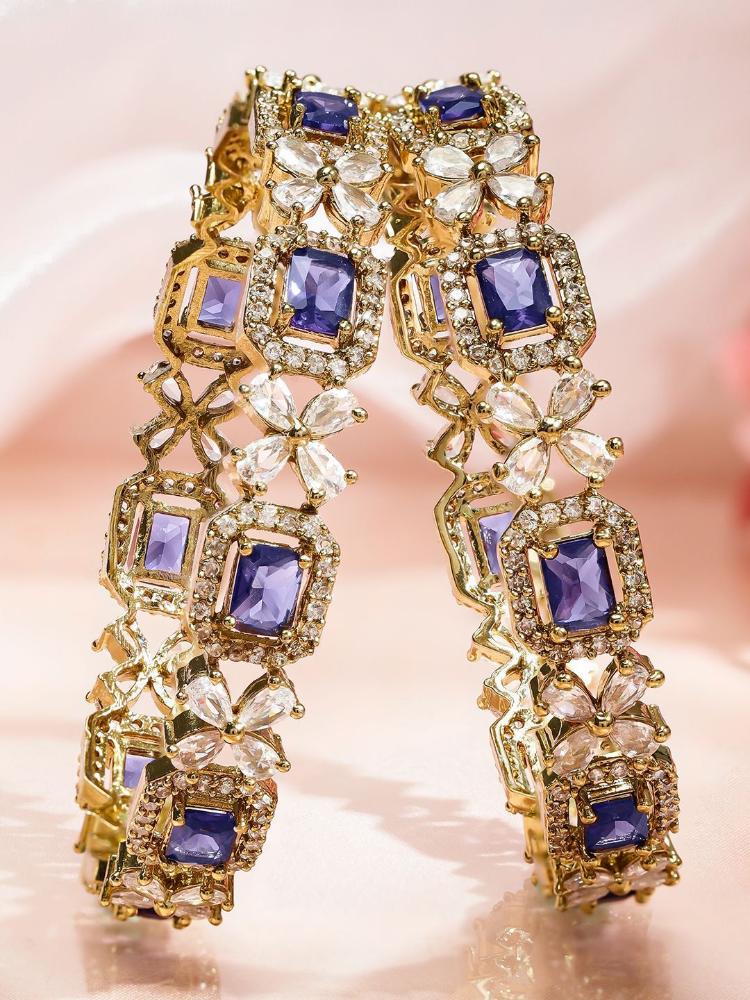 Rubans Rubans Set of 2 18K Gold-Plated Purple & White Zirconia Studded Floral Design Bangles