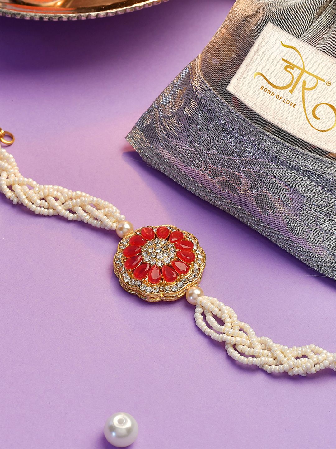 Dore Royal Red Floral Jaipuri Kundan Rakhi with Braided Pearl Strands