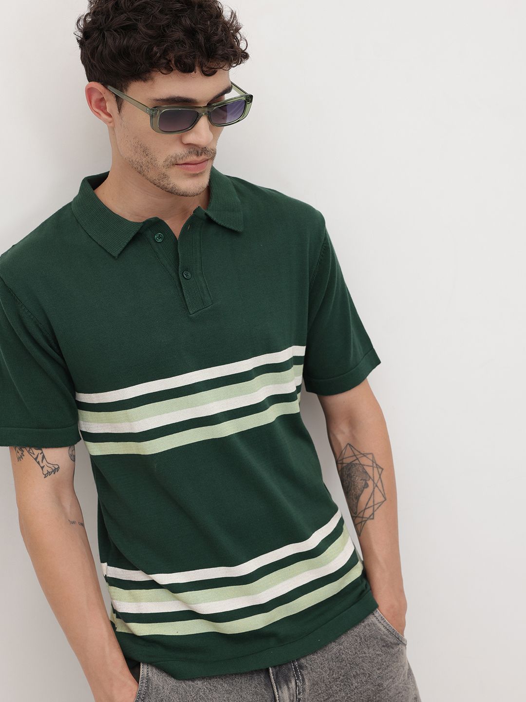 The Roadster Lifestyle Co. Men Striped Polo Collar Pure Cotton T-shirt