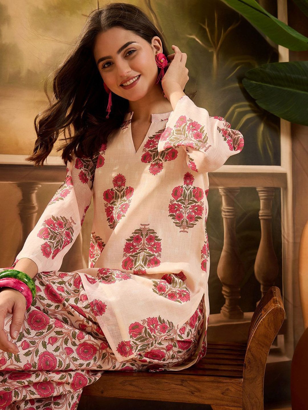 Women Printed Kurti Set Sangria Women Linen Floral Printed Short Kurti With Farshi Salwar Set