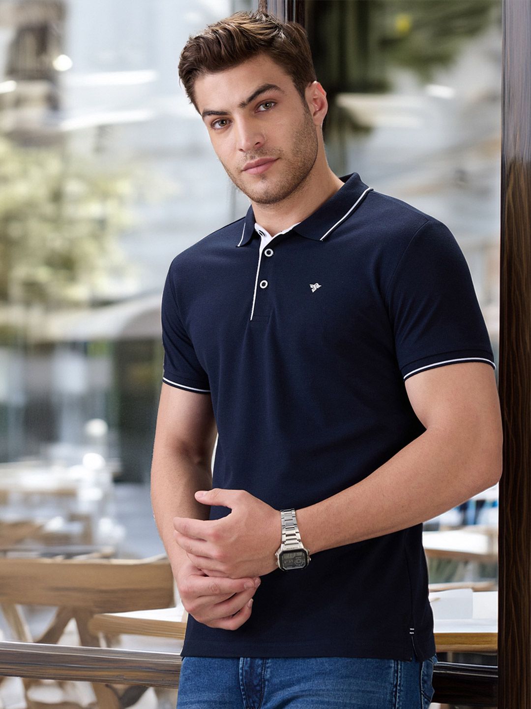 Status Quo Men's Solid Brand Logo Print Regular Fit Button Closure Polo T-shirt