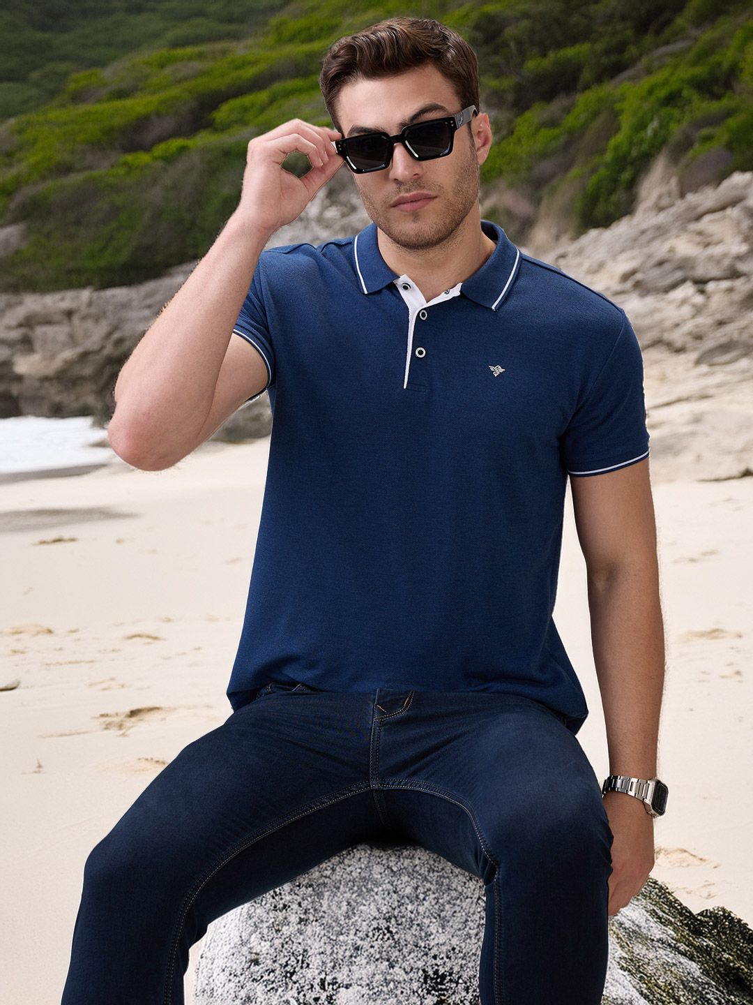Status Quo Men's Solid Brand Logo Print Regular Fit Button Closure Polo T-shirt