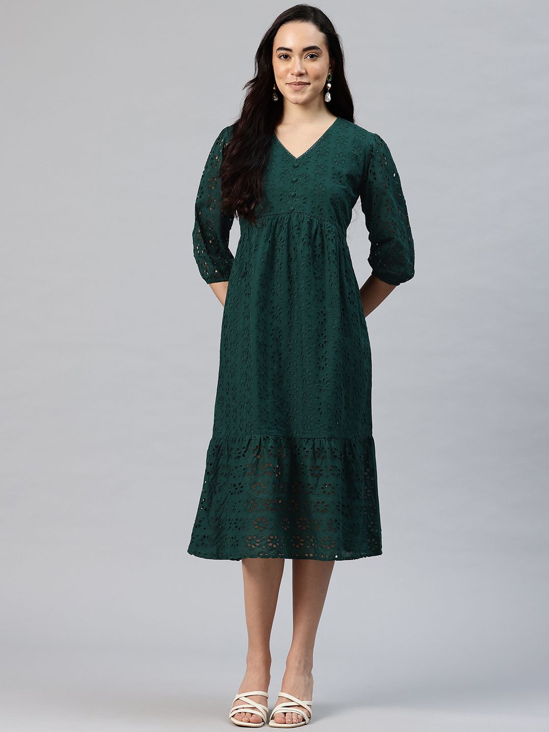 SWI Stylish SWI Stylish Floral Embroidered Schiffli Puff Sleeve A-Line Midi Dress