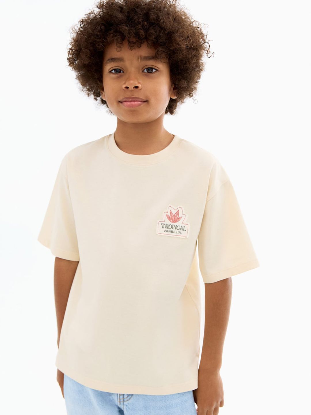 Mango Kids Boys Tropical Printed Drop-Shoulder Sleeves Pure Cotton T-Shirt