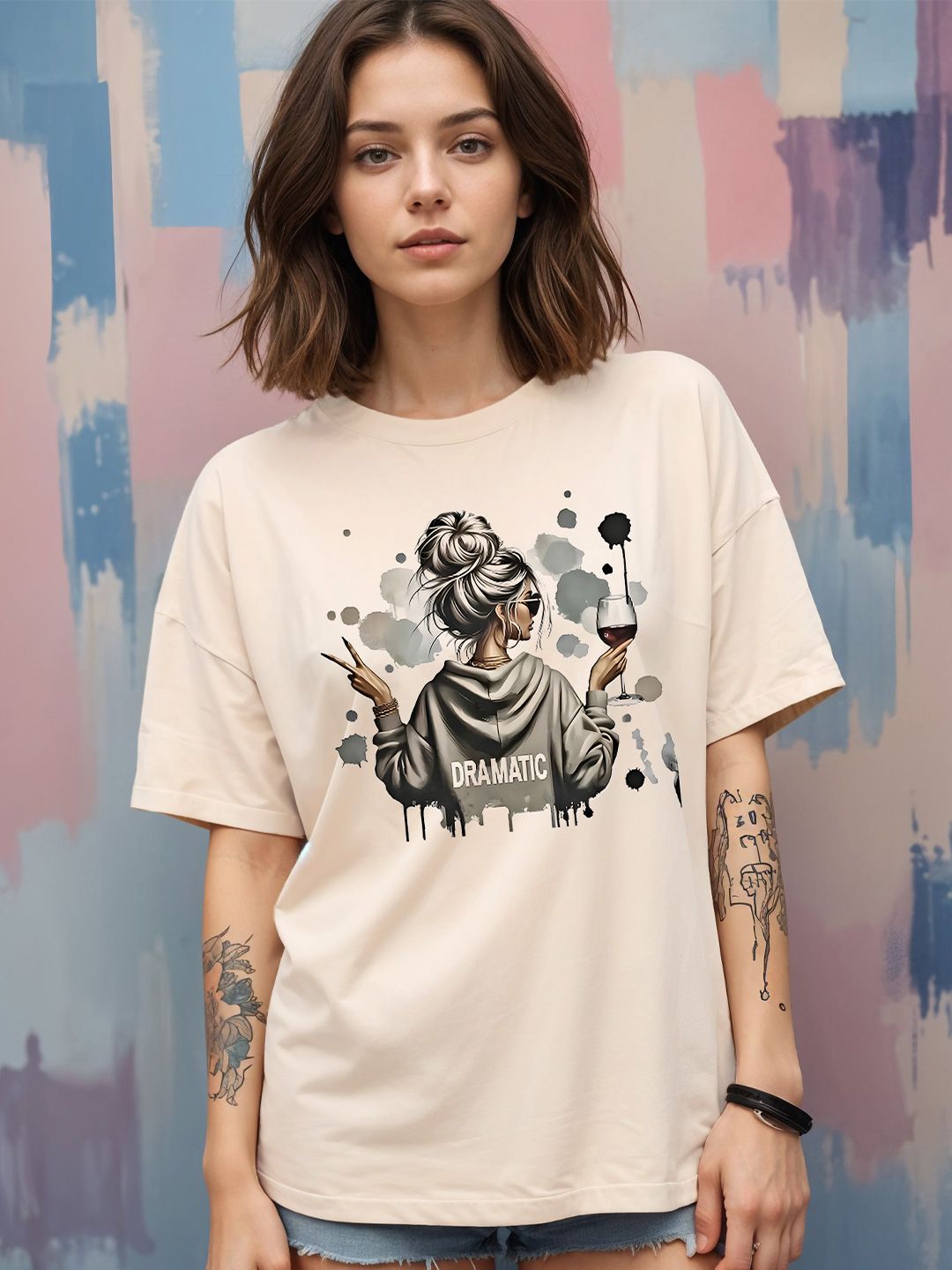 DressBerry DressBerry Graphic Printed Round Neck Drop-Shoulder Sleeves Oversized Cotton T-shirt