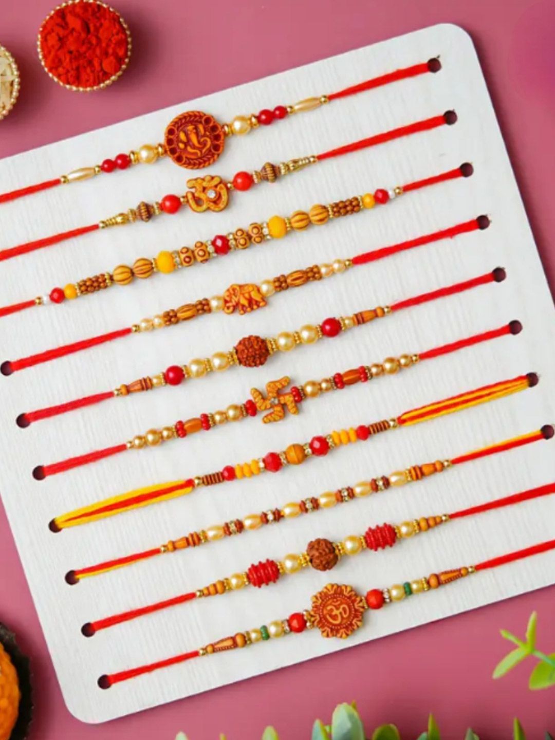 Sangria Artificial Stones Studded & Beaded Thread Rakhi With Roli Chawal Chandan & Mishri