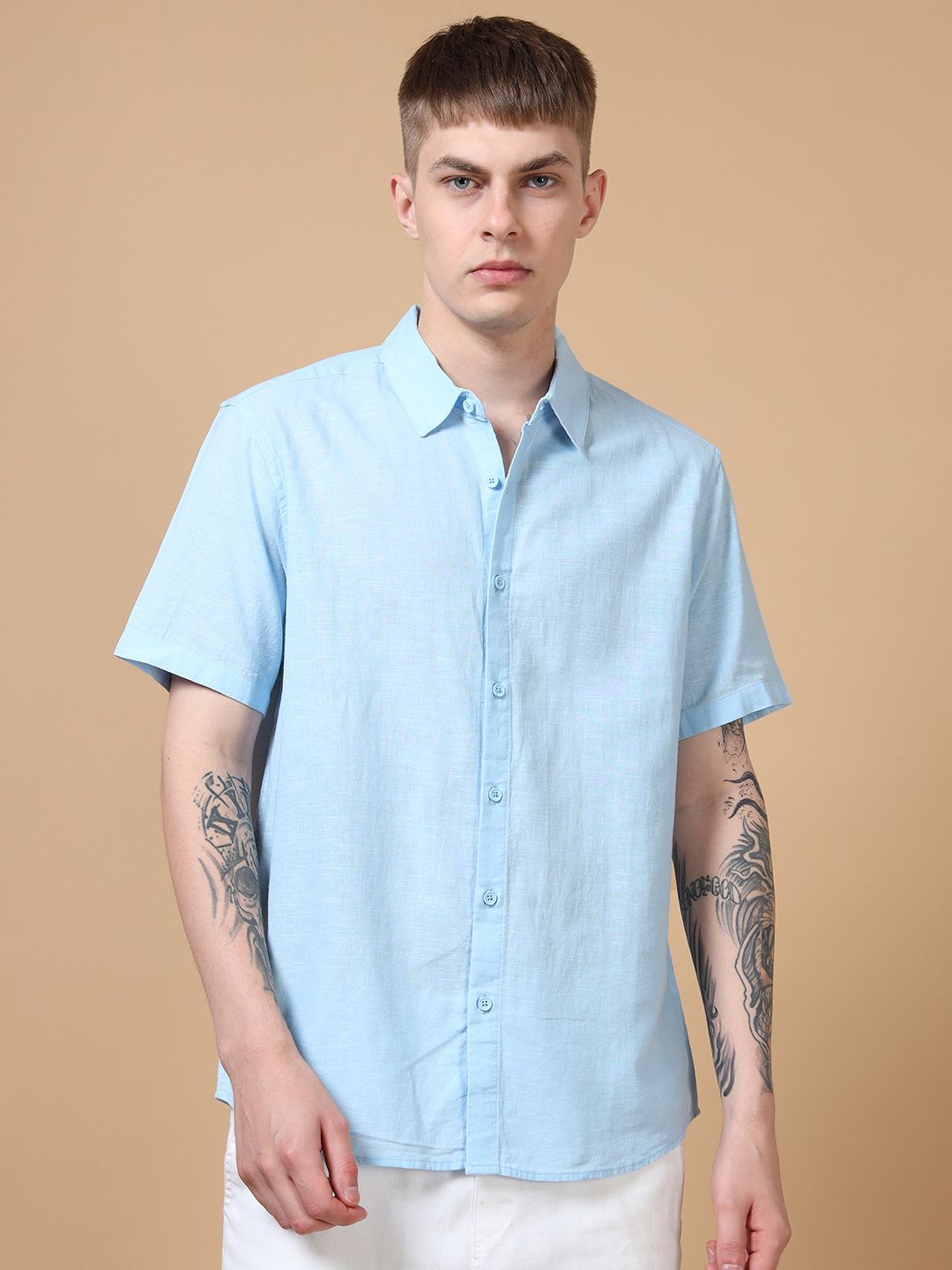 Buy StitchX Men Sky Blue Half Sleeve Solid Casual Shirt - Shirts