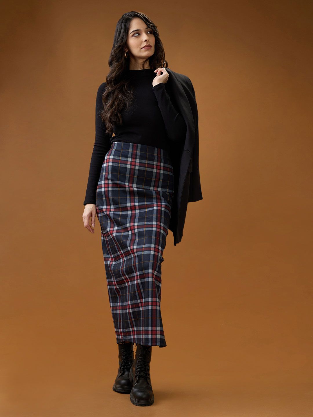 Globus Checked Mid-Rise Side Slit Straight Maxi Skirt