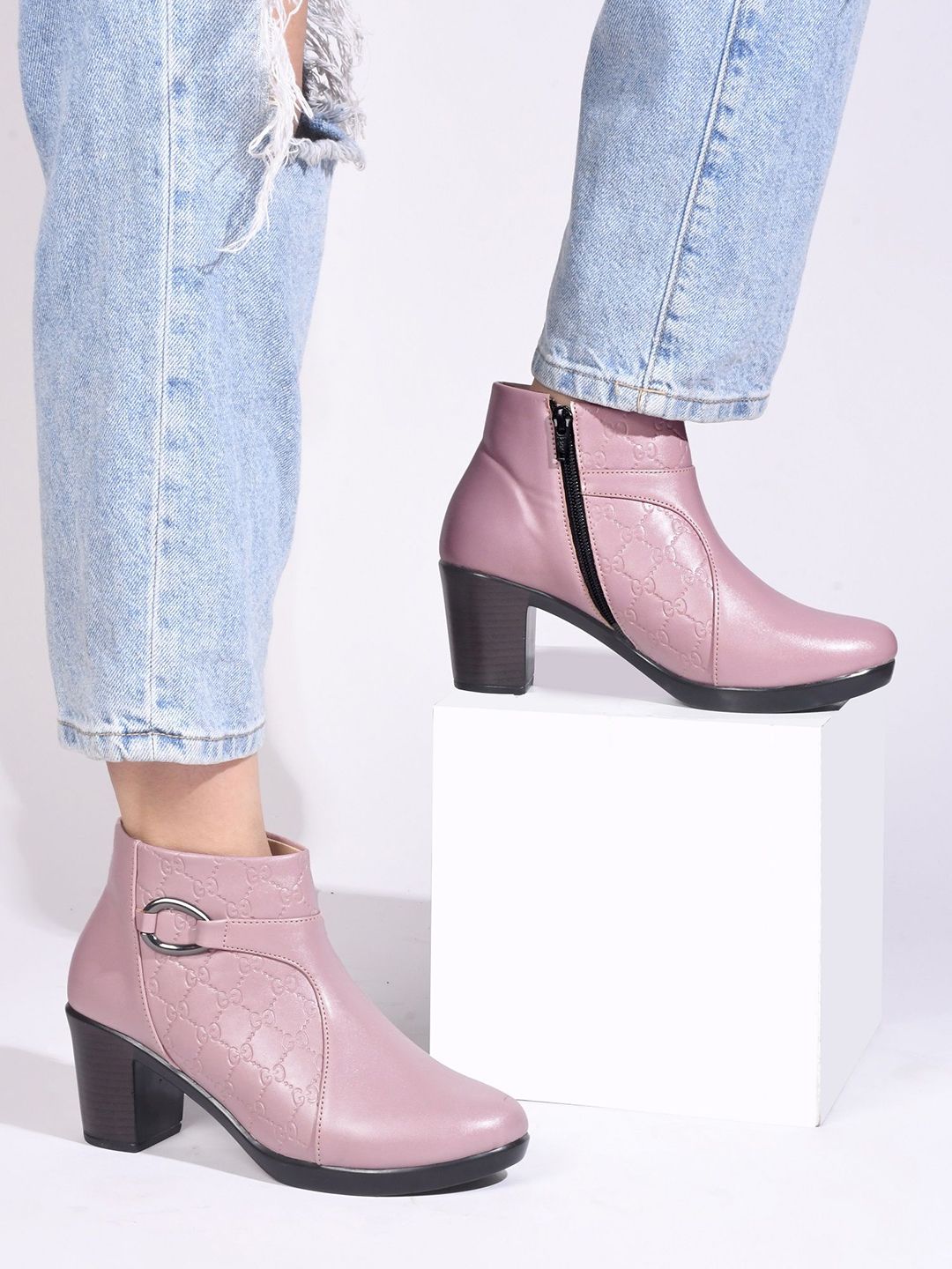 TRYME Women Round-Toe Block-Heeled Regular Boots