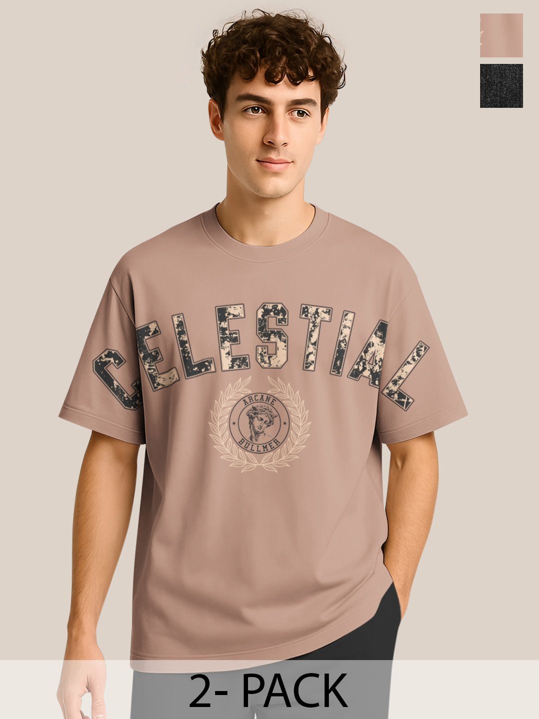 BULLMER Pack Of 2 Typography Printed Crew Neck Drop Shoulder Oversized T-shirts