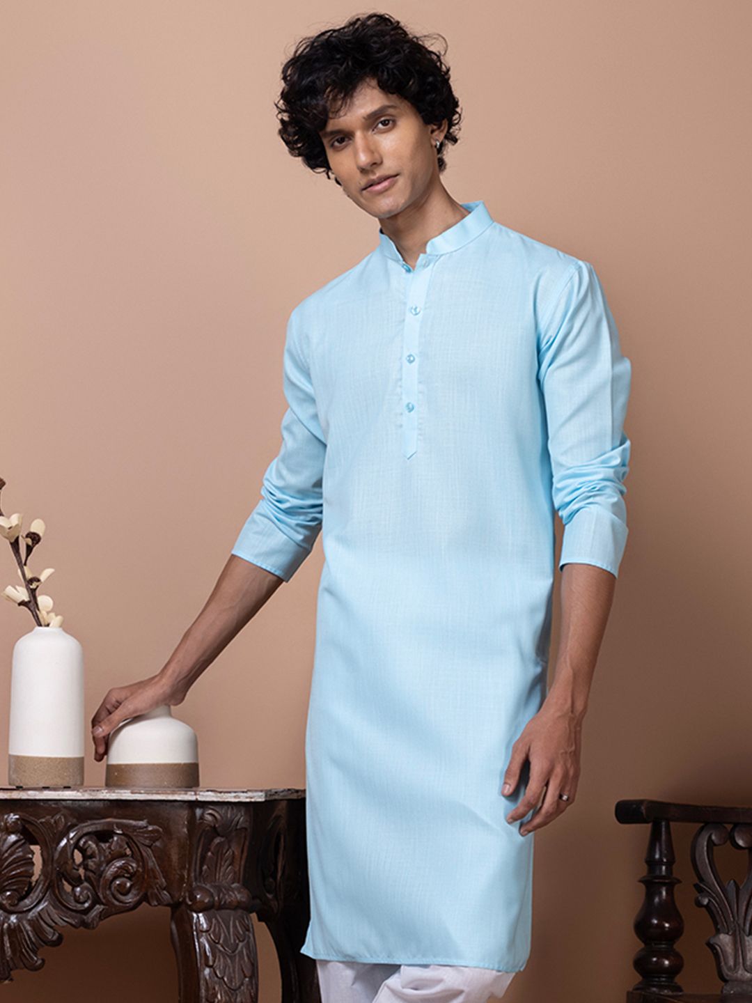 DEVOILER Mandarin Collar Cotton Straight Kurta