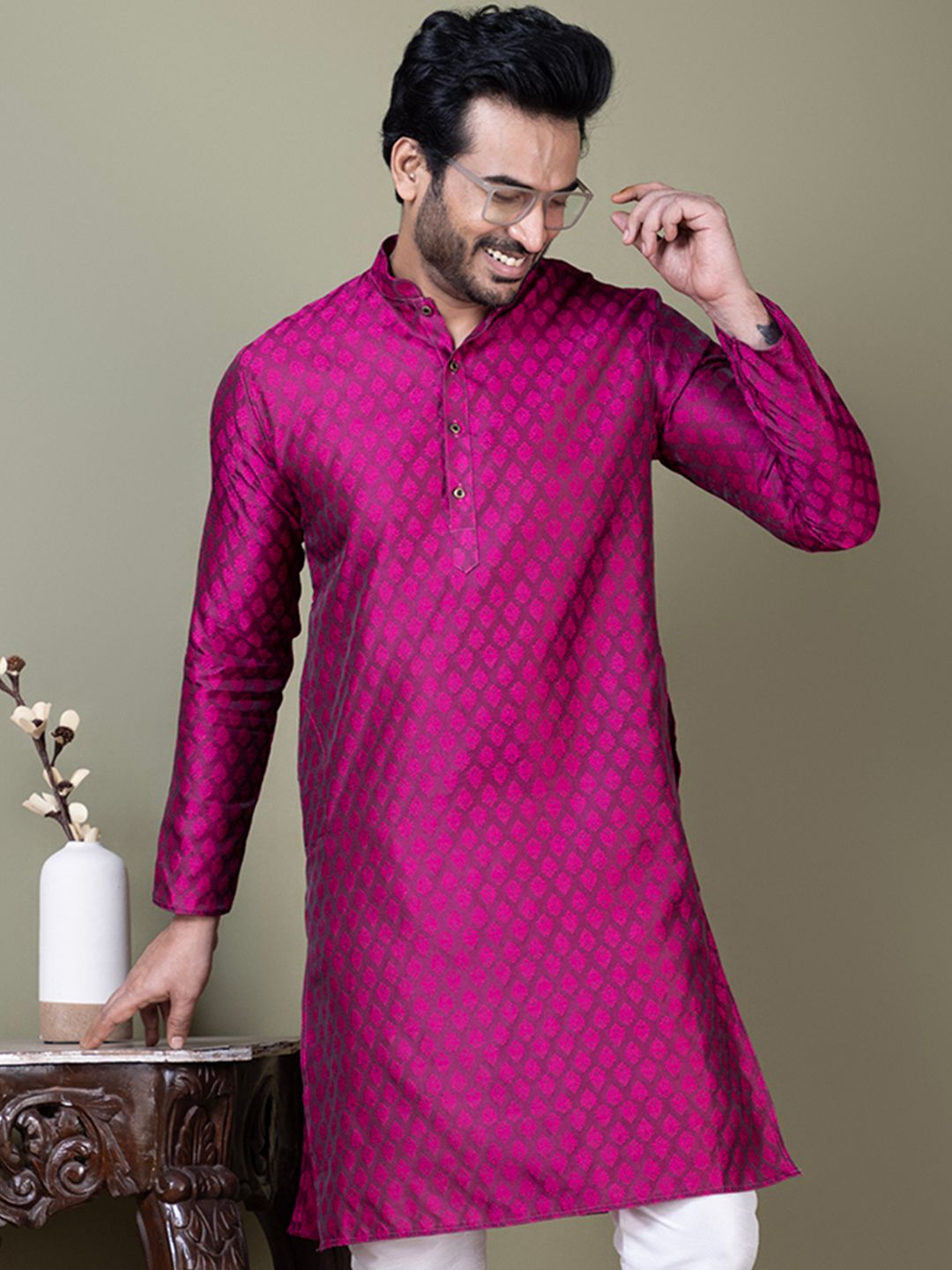 DEVOILER Men Geometric Printed Mandarin Collar A-Line Kurta