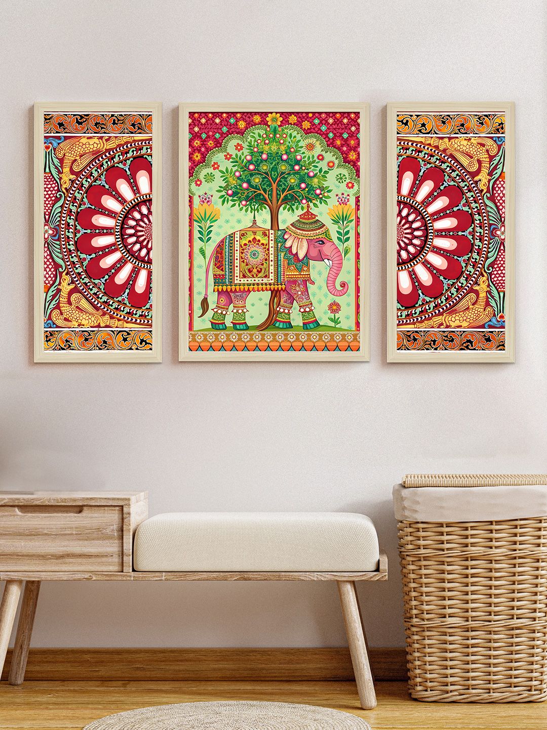 Art Street Art Street Set of 3 Elephant and Flowers Madhubani Framed Wall Art Painting