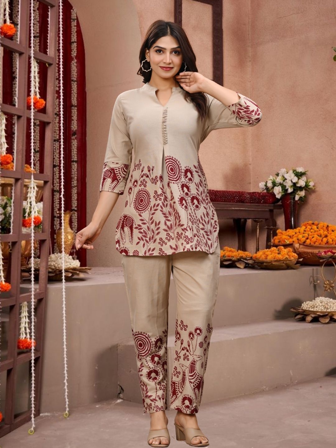 Ozia Beige Printed V-Neck Tunic with Trousers Co-Ords