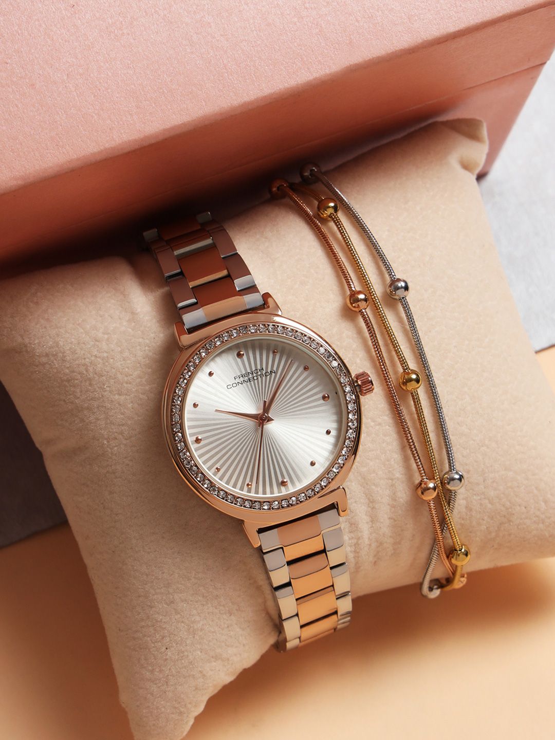 French Connection French Connection Solavie  Textured Silver Round Dial Watch With Bracelet Gift Set