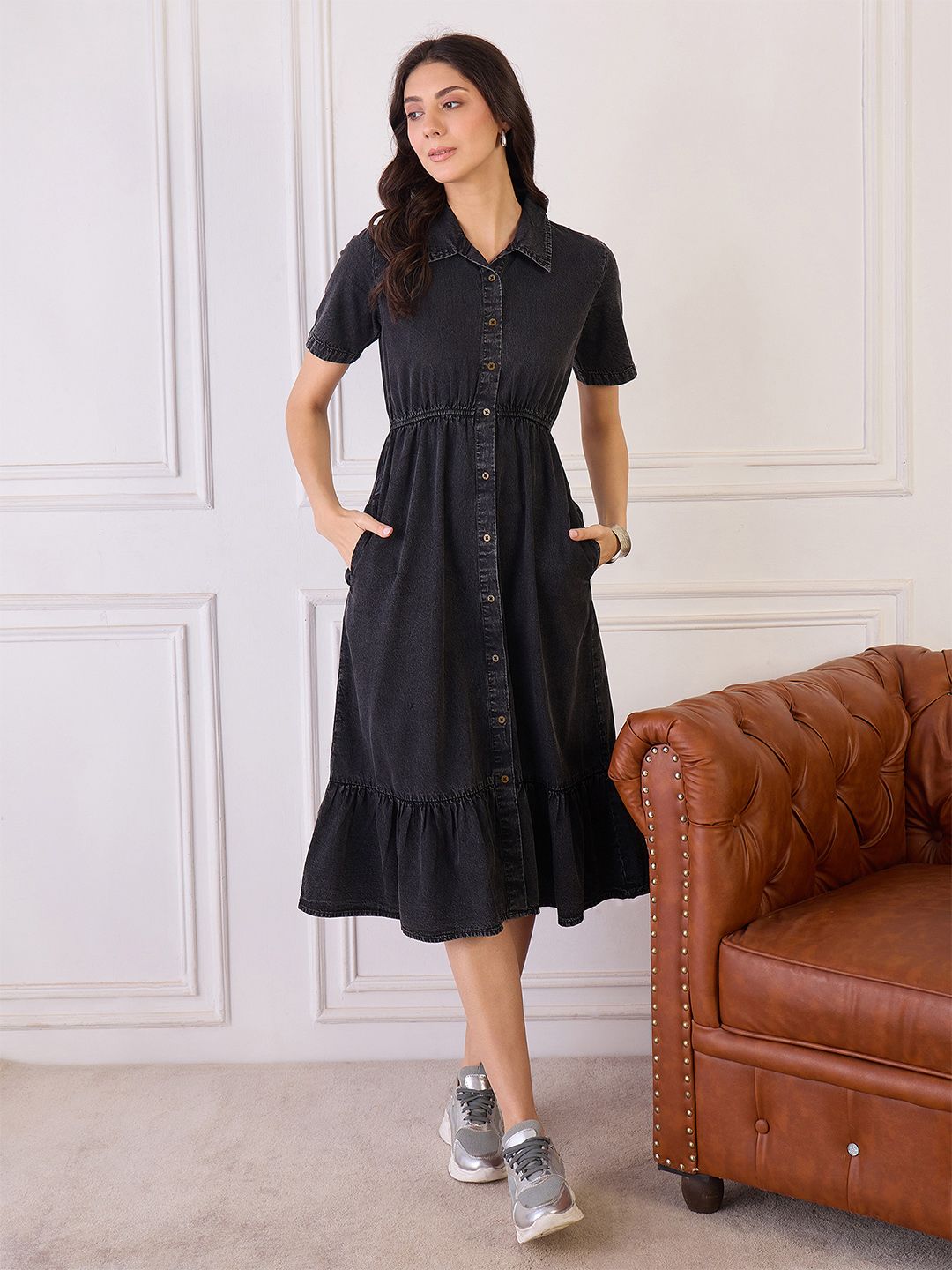 Orchid Blues Women Denim Belted Shirt Midi Dress