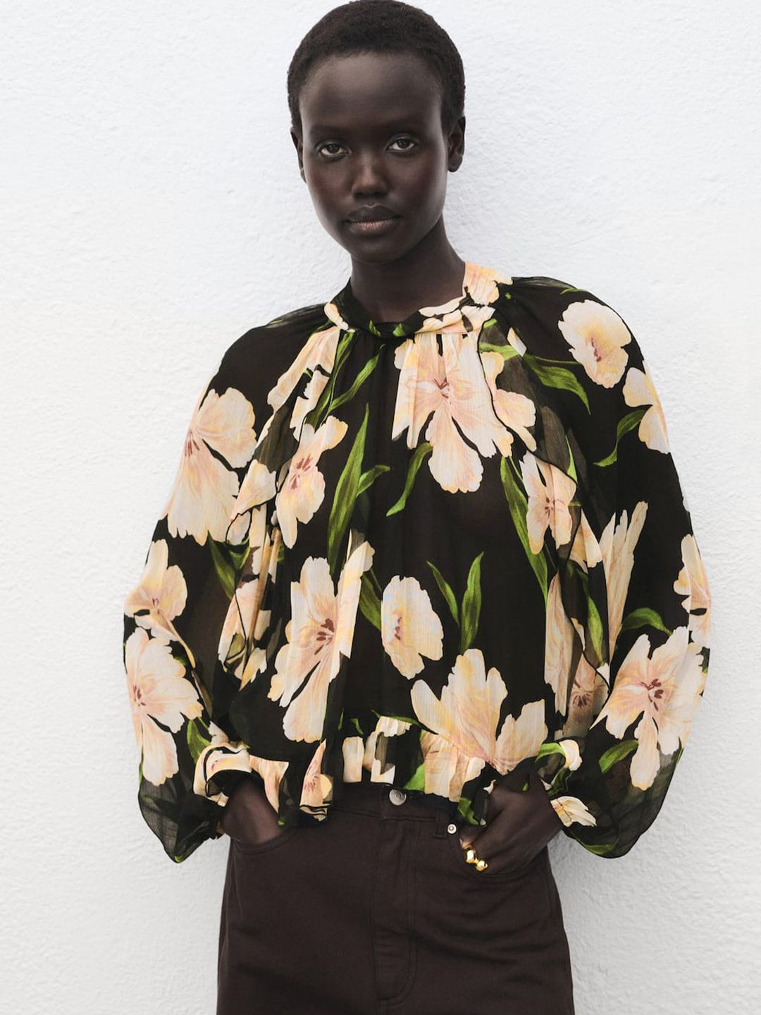 Floral Print Tie-Up Neck Puff Sleeves Chiffon Top