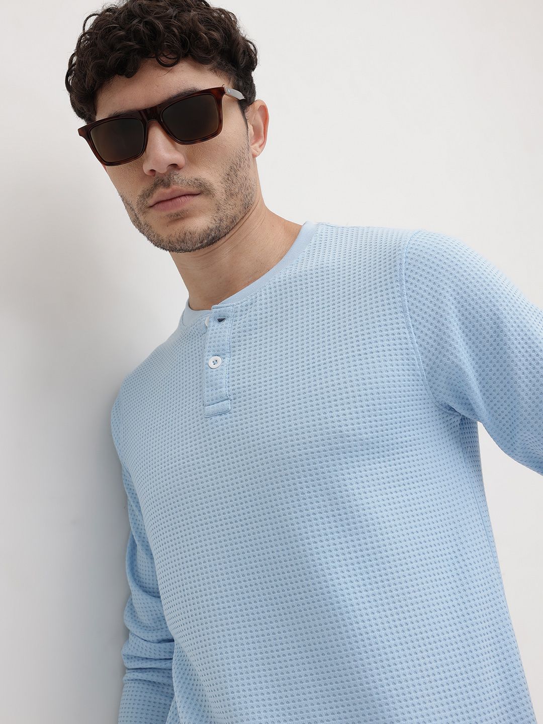 The Roadster Life Co. Self Design Textured Henley Neck T-shirt
