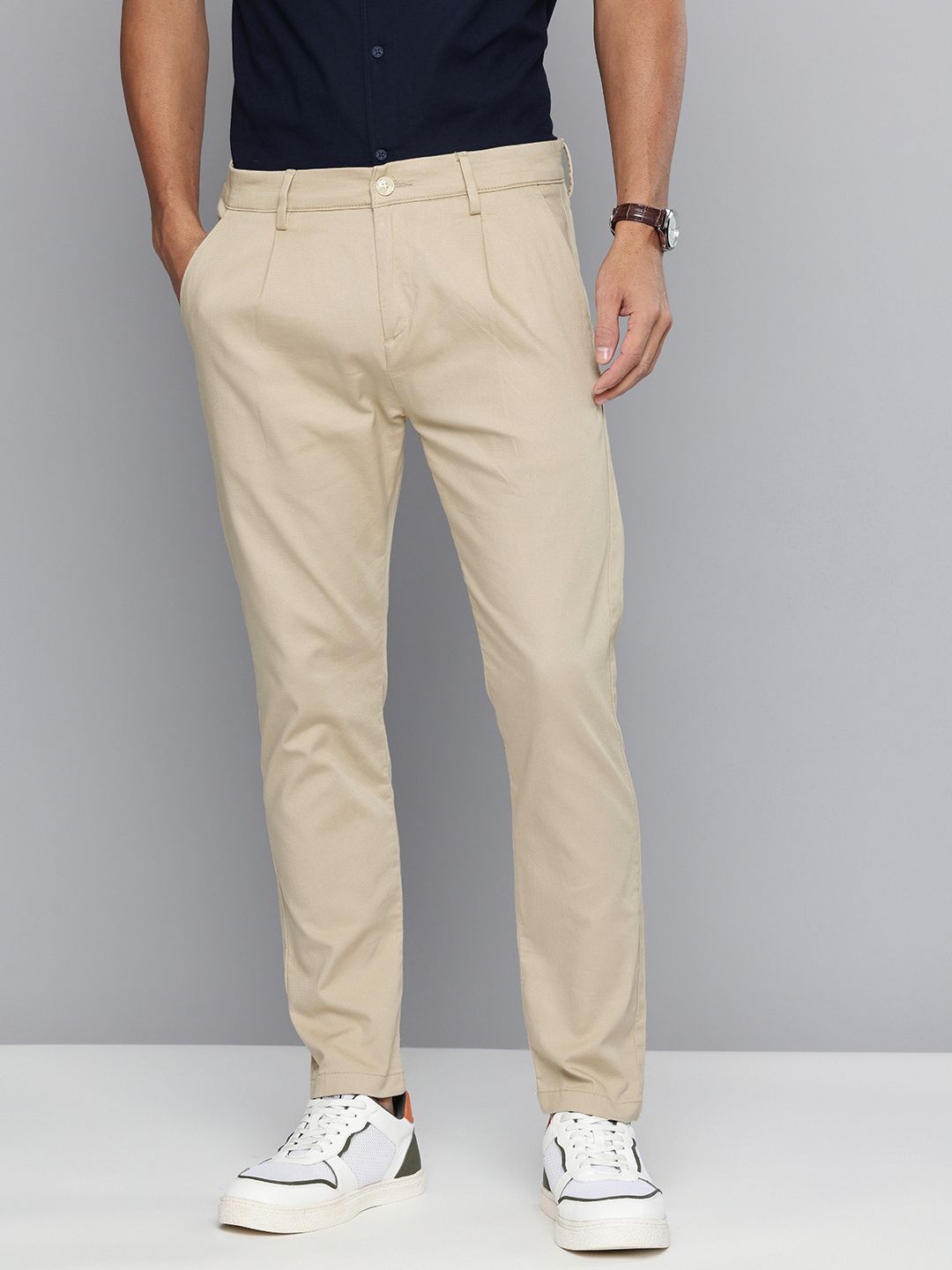 Flying Machine Men Self Design Slash Slim Tapered Fit Textured Pleated Chinos Trousers