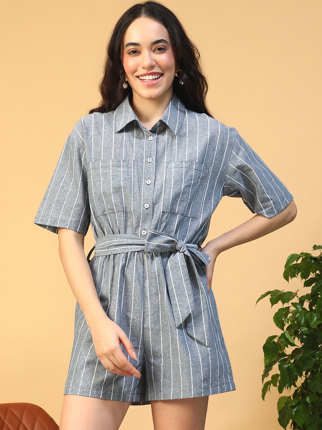 Oxolloxo Striped With Tie-Up Belt Cotton Jumpsuit Offers & Cashback