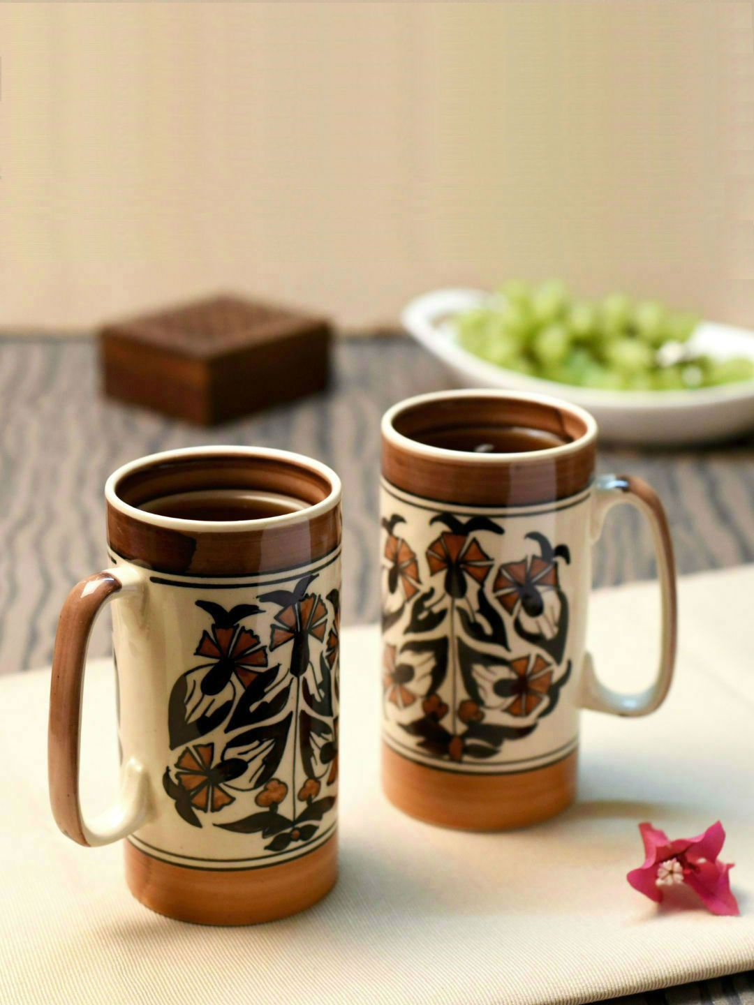 Unravel India Brown Set Of 2 Printed Ceramic Cups Set Price in India