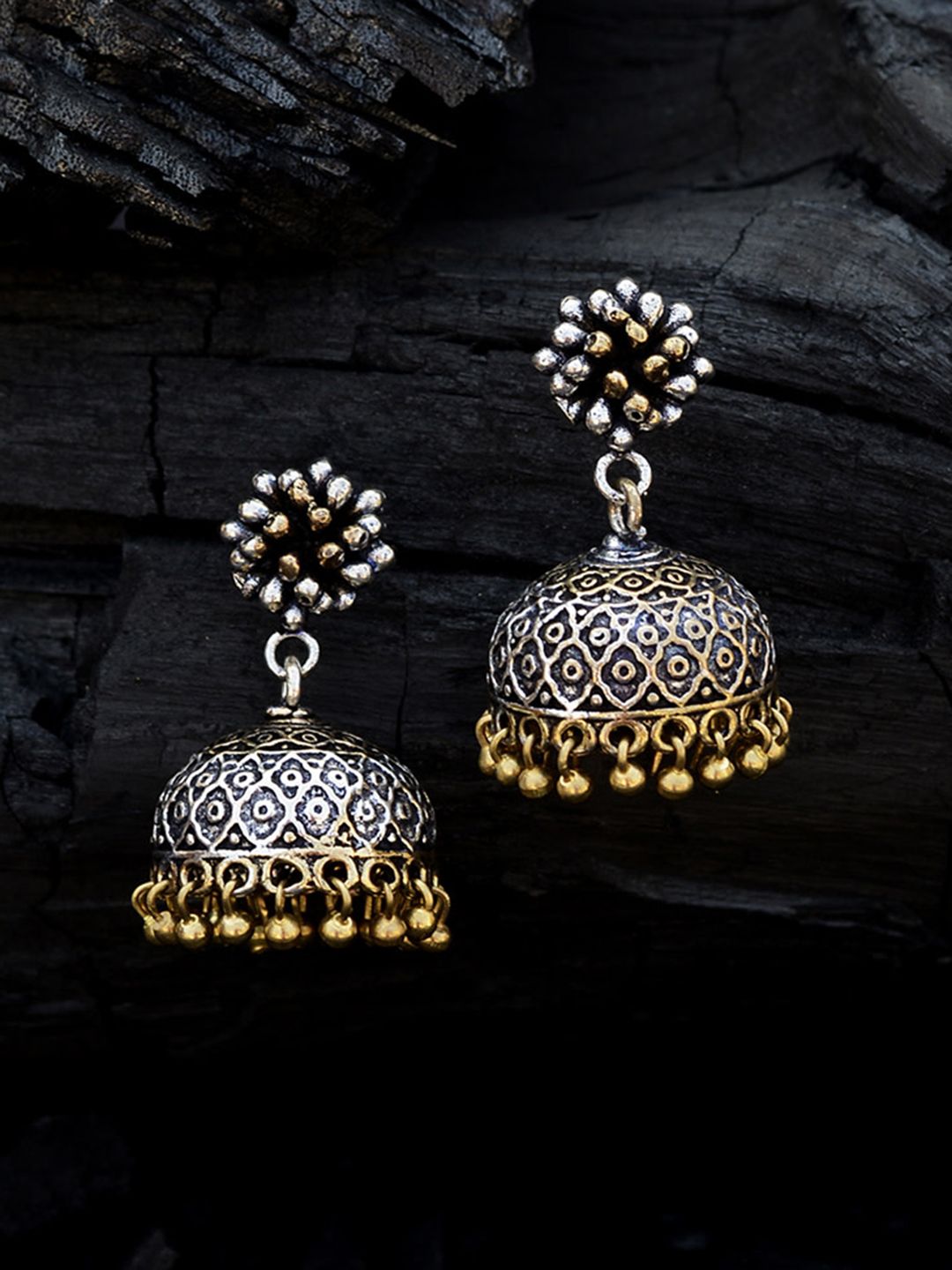 Rubans Silver-Toned & Gold-Toned Dome Shaped Jhumkas Price in India