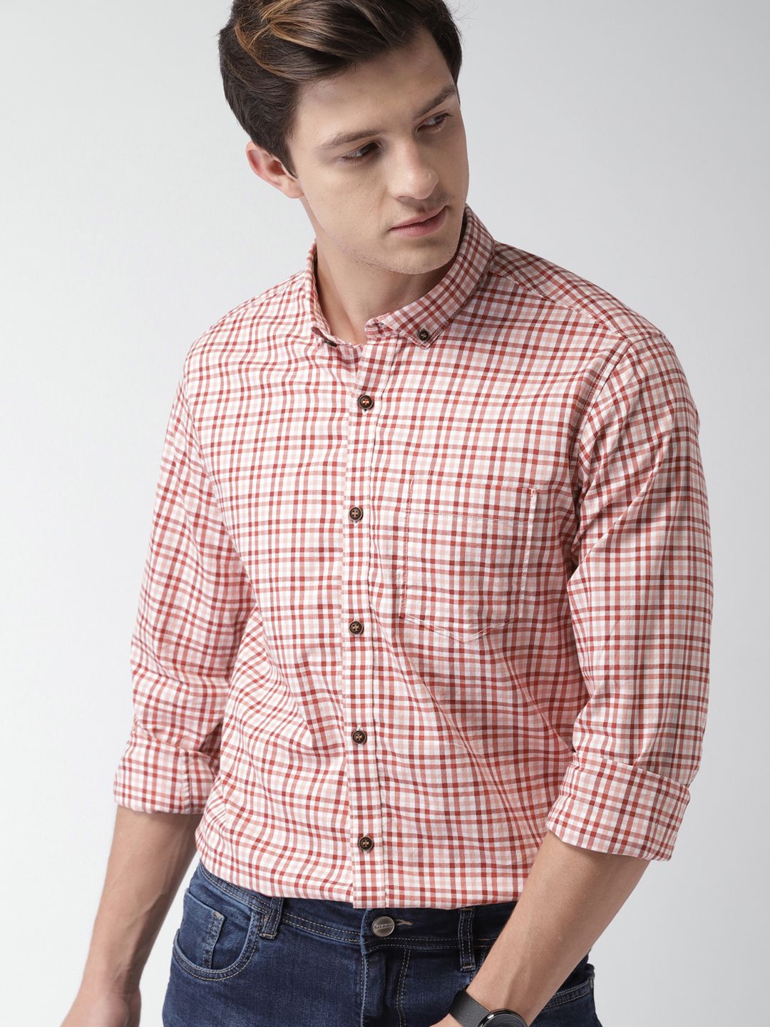 Mast & Harbour Men Red & White Slim Fit Checked Casual Shirt