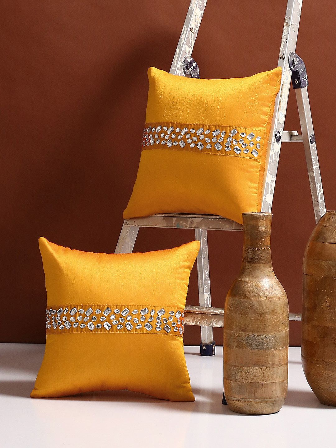 Alina decor Yellow Set of 2 Solid Square Cushion Covers Price in India