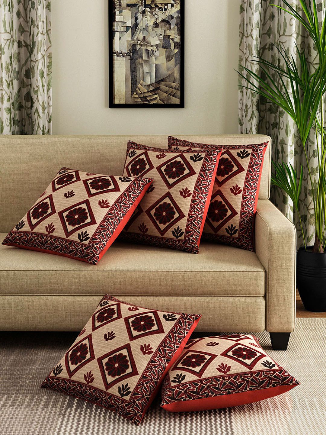 ROMEE Maroon Set of 5 Ethnic Motifs Square Cushion Covers Price in India